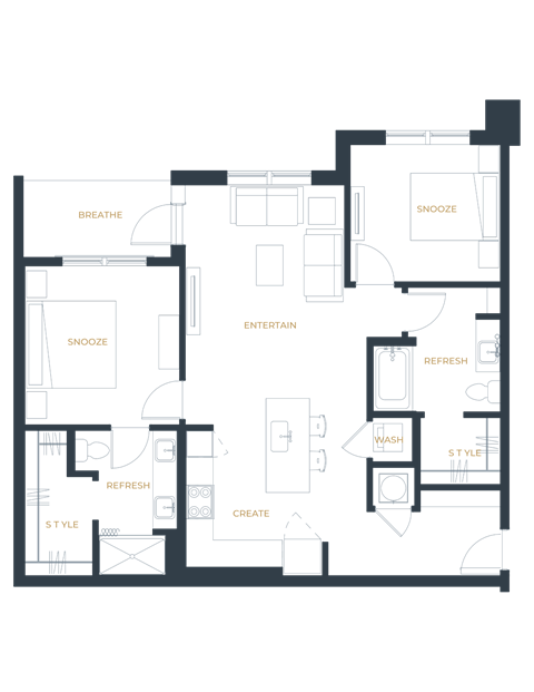 Floor plan for 2 beds, 2 baths, 1058 sqft